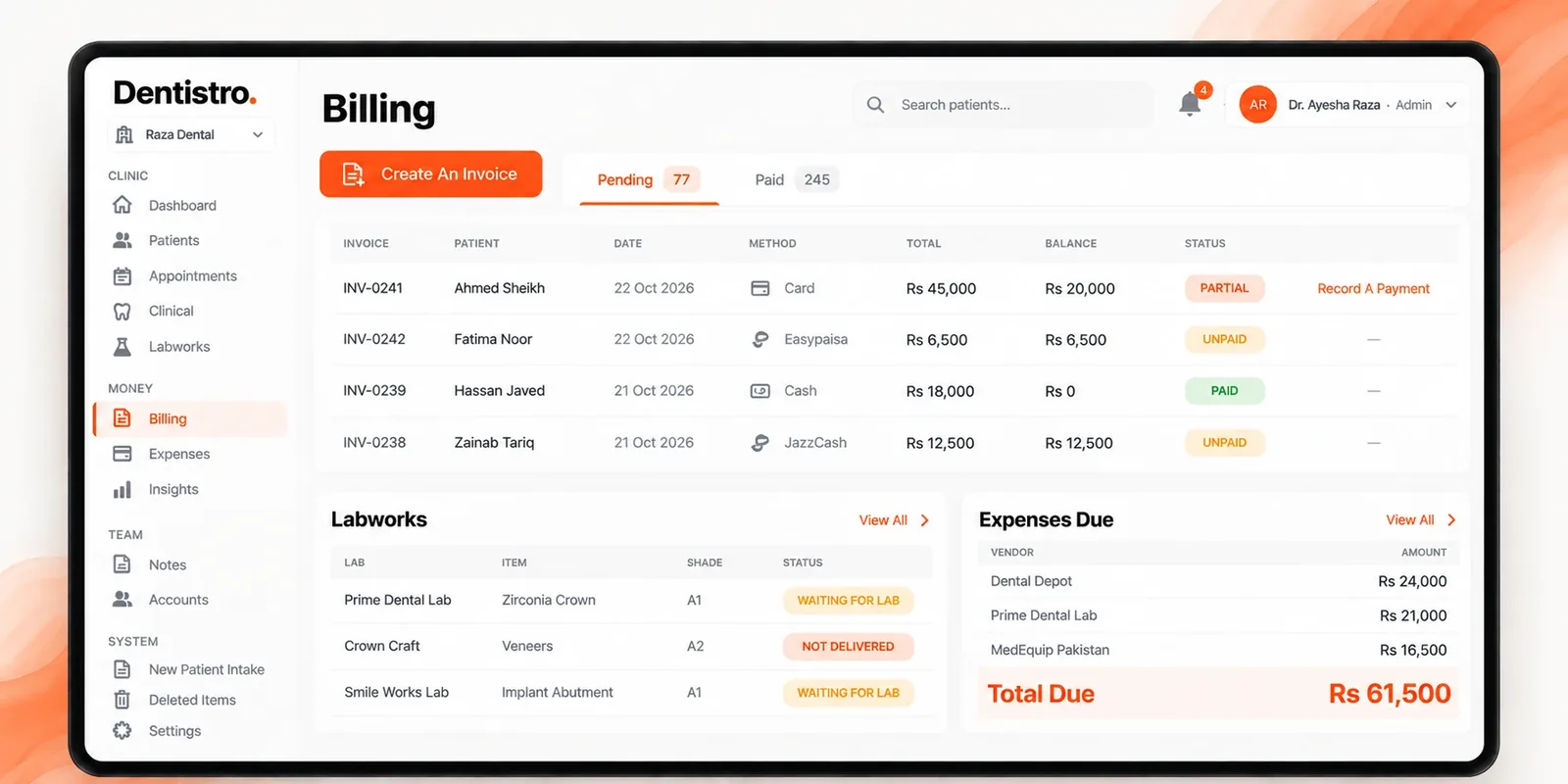 Dentistro billing with pending invoices, lab work status and expenses due