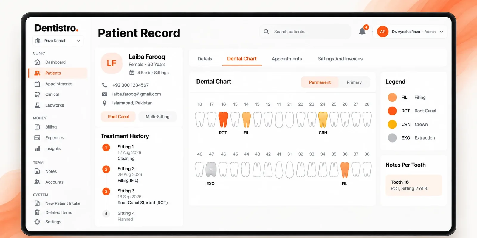 A Dentistro patient record with treatment history and a tooth-by-tooth dental chart