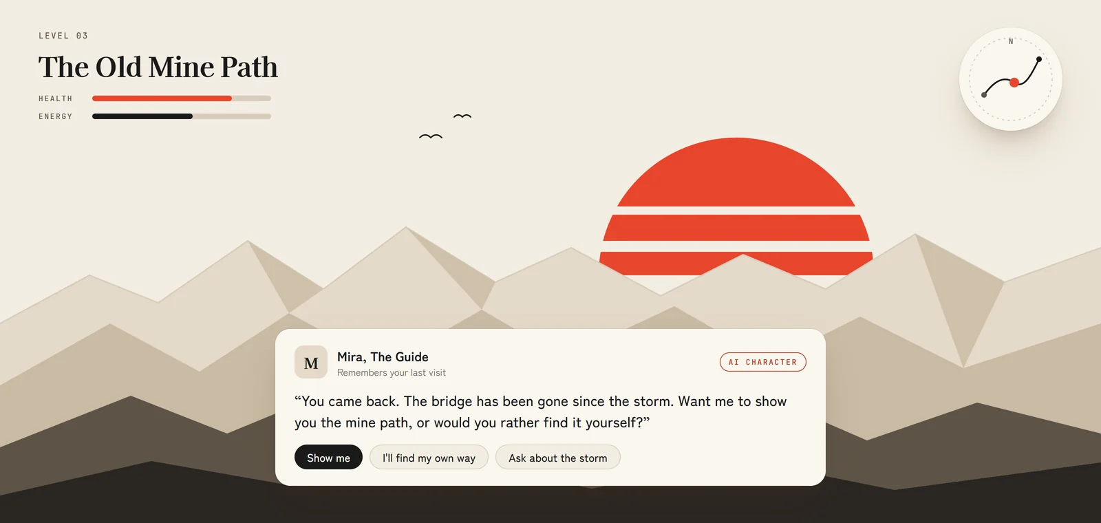 A game scene at sunrise with health and energy bars, a minimap and an AI character offering the player a choice